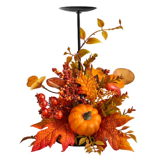 12&#x22; Autumn Harvest Maple Leaves, Berries &#x26; Pumpkin Candle Holder Arrangement